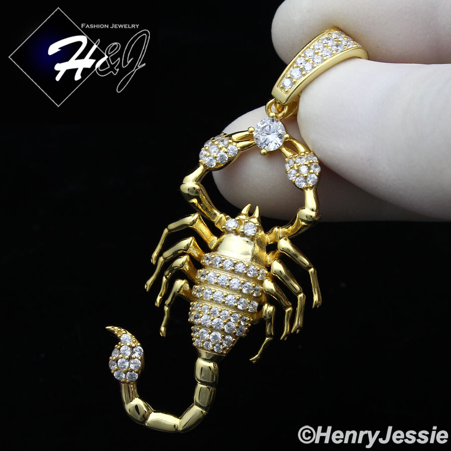 MEN 925 STERLING SILVER ICY BLING CZ GOLD PLATED 3D SCORPION CHARM  PENDANT*GP270