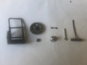 Utility cart, 2 wrenches, broom, hat; O Scale metal details