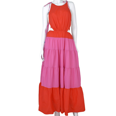 Staud Minerva Tiered Maxi Dress Size S 8 10 Colourblock Nylon Poplin Side Ties
