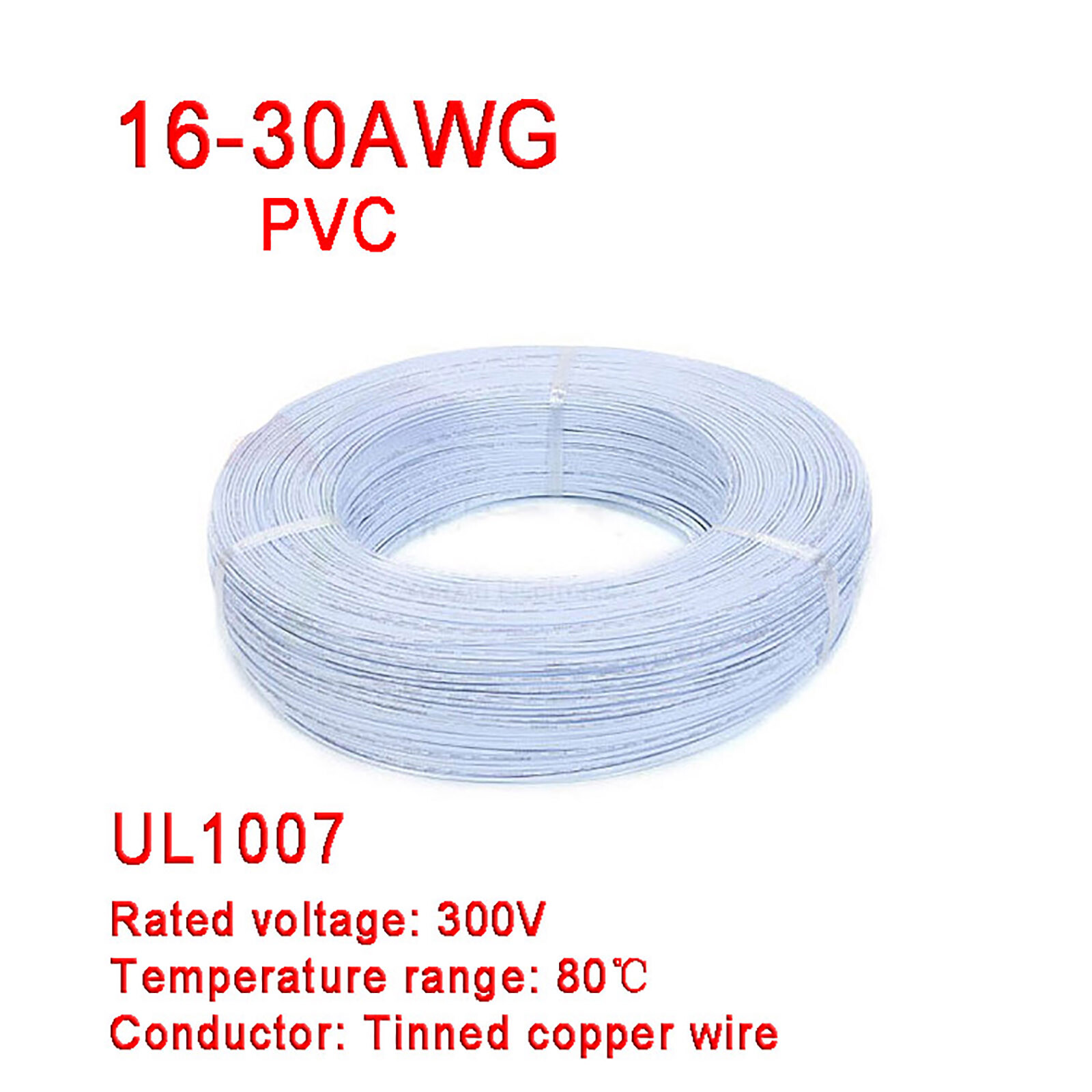 White 16AWG to 30AWG PVC Electronic Wire Cable, Tinned Copper Stranded Wiring