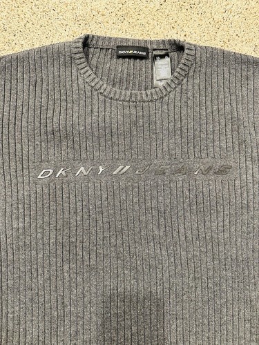 DKNY Sweater Men’s XL Gray Cable Knit Spell Out Logo Ribbed Crew Designer L/S - Picture 2 of 8