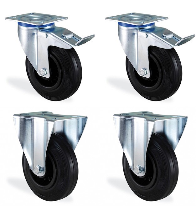 Roulettes pivotantes 160mm avec frein et fixes charge lourde caoutchouc noir 405kg