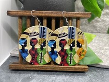2  Silver-tone Earring Set Boho Retro Round Wood Dangle Juneteenth African A1829