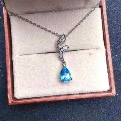2Ct Pear Cut Blue Topaz Solitaire Pendent 14K White Gold Finish 16'' Free Chain