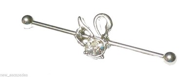 Industrial 3D Swan w/Clear Gem 14 Gauge 1-1/2'' 4mm Balls Steel Barbell 