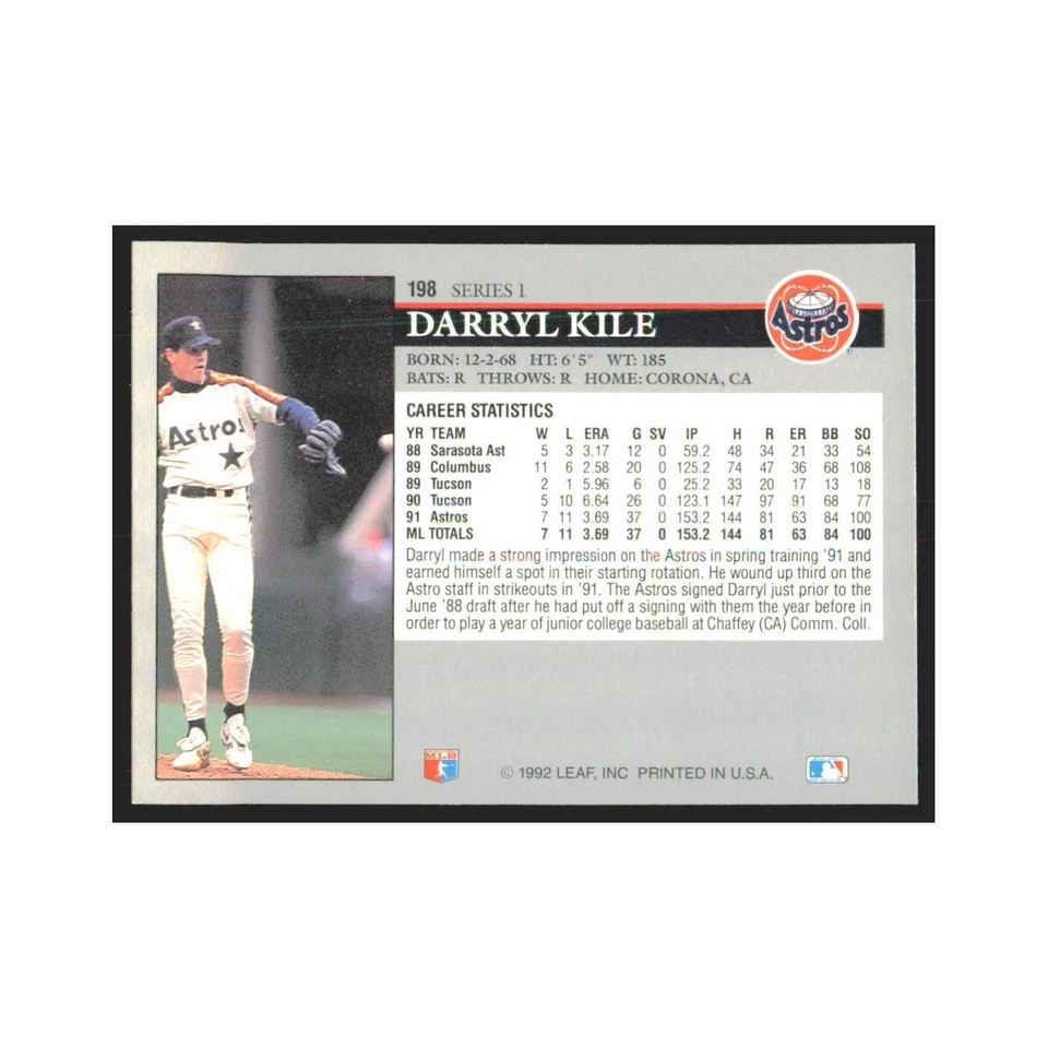 1992 Leaf Darryl Kile Astros #198.0 - Image 2 of 3