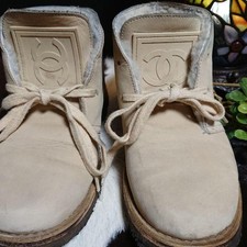 CHANEL COCO MARK high cut leather Sneaker Shoes Women 36 size US6 Ivory Genuine