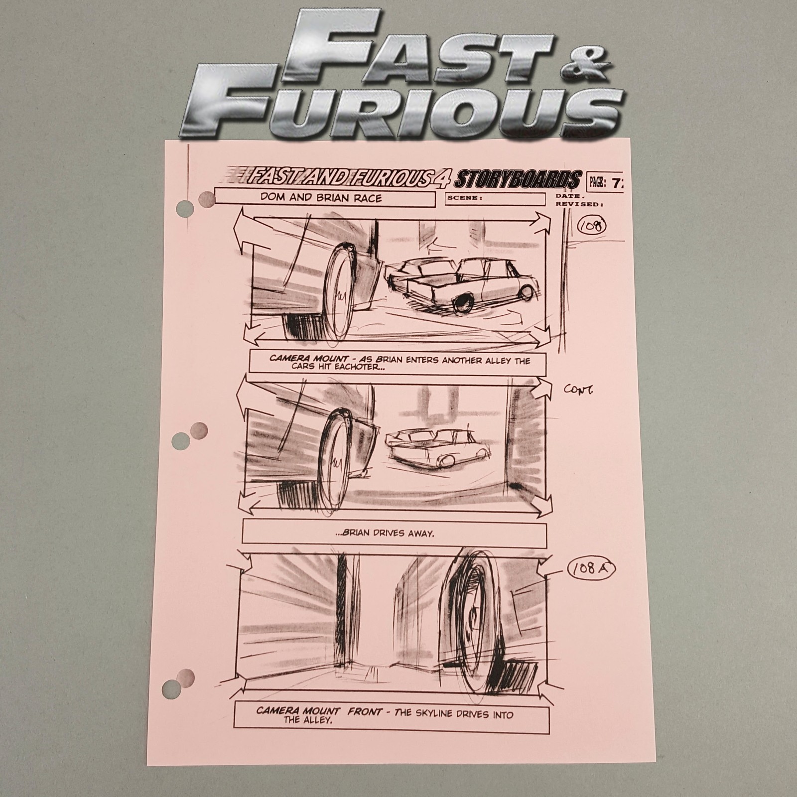 Fast and Furious 4 Production Used Storyboard, Brian Races into Alley p72, COA