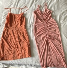 Sleeveless Strappy Ruched Orange & Pink Slip and Ruched Dresses Set of 2