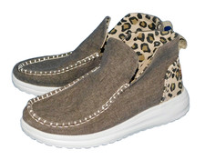 HEY DUDE Denny Crafted Slip On Booties Women Size 7 Brown Leopard Print Canvas