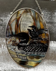 Loons Hand Painted Glass Suncatcher By AMIA Studios 7” X 5”