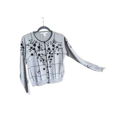 Vintage 90s Lise J. Gray Cotton ramie cardigan sweater cropped beaded medium