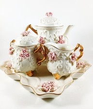 Cracker Barrel 6 Piece Miniature Porcelain Tea Set Ivory  Pink Gold Trim