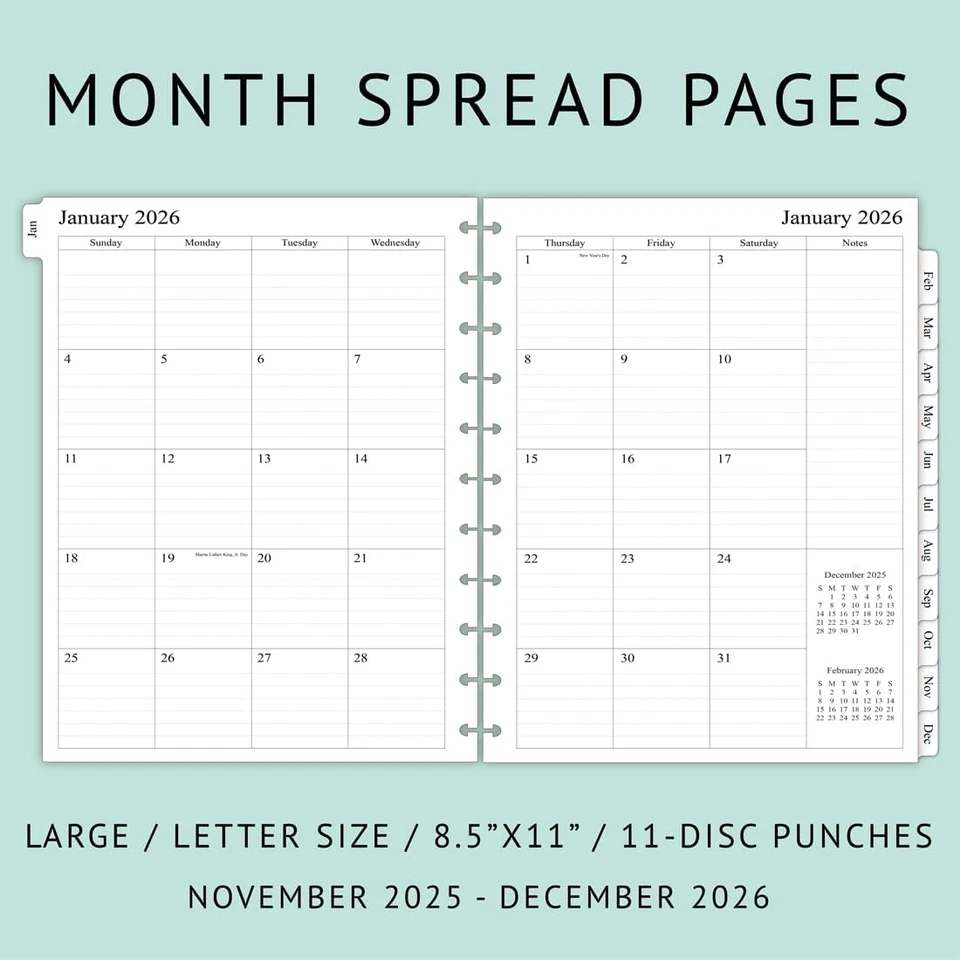 2025-2026 Monthly Planner Refill for 11-Discbound Notebooks, Nov 2025 to Dec 202 - Image 2 of 4