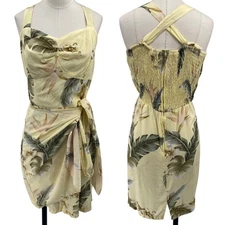 Vintage 90s Paradise Found Tropical Hawaiian Sarong Mini Dress Wrap Front Yellow