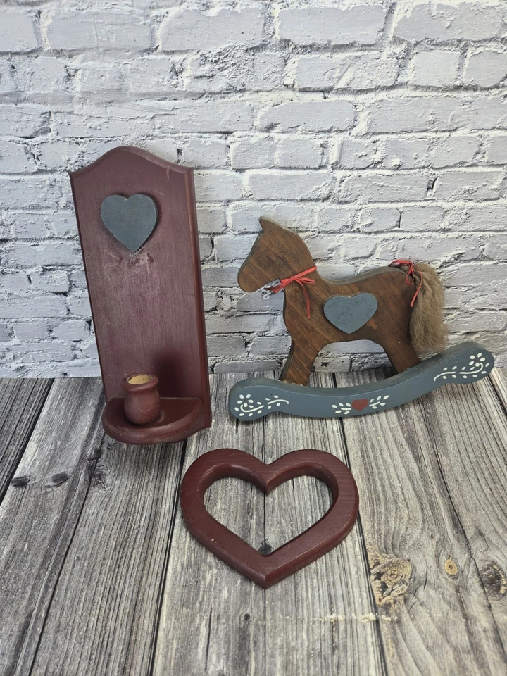 Aplique portavelas y corazón de caballo mecedor de madera vintage decoración de guardería  Foto 2 de 4
