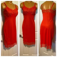VTG 1960's RARE VAL MODE RED W/ EMBROIDERY & LACE TRIM FULL SLIP SZ 32