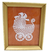 Vintage White Brussels Lace Baby Buggy on Coral Background in Gold Frame 3x4