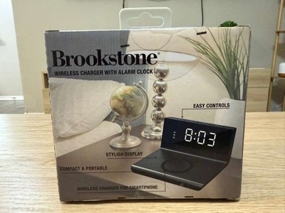 Brookstone Wireless Charger with Alarm Clock - Built-in Battery Backup - 2 Alarm
