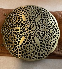 Fossil Tan Suede Belt Wide Waist Studded Round Pierced Bronze Buckle L