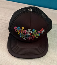 Chrome Hearts Black Trucker Hat, Adjustable One Size, Floral Cross Embroidered