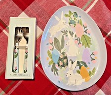 Pottery Barn Holiday Easter Plate Peter rabbit Egg Utensil Bunny school kid ![