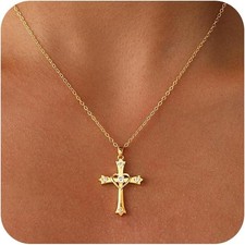 Gold Cross Necklace for Women Dainty 14K Gold Plated Diamond Cross Pendant Neckl