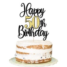 Happy 50th Birthday Cake Topper -Black Gold Glitter Cheers to 50 Years Cake T...