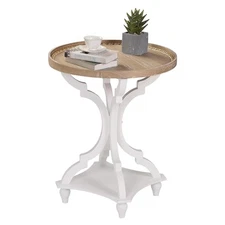  Farmhouse Round Accent End Table, Rustic Side Table No Power strip 1 White