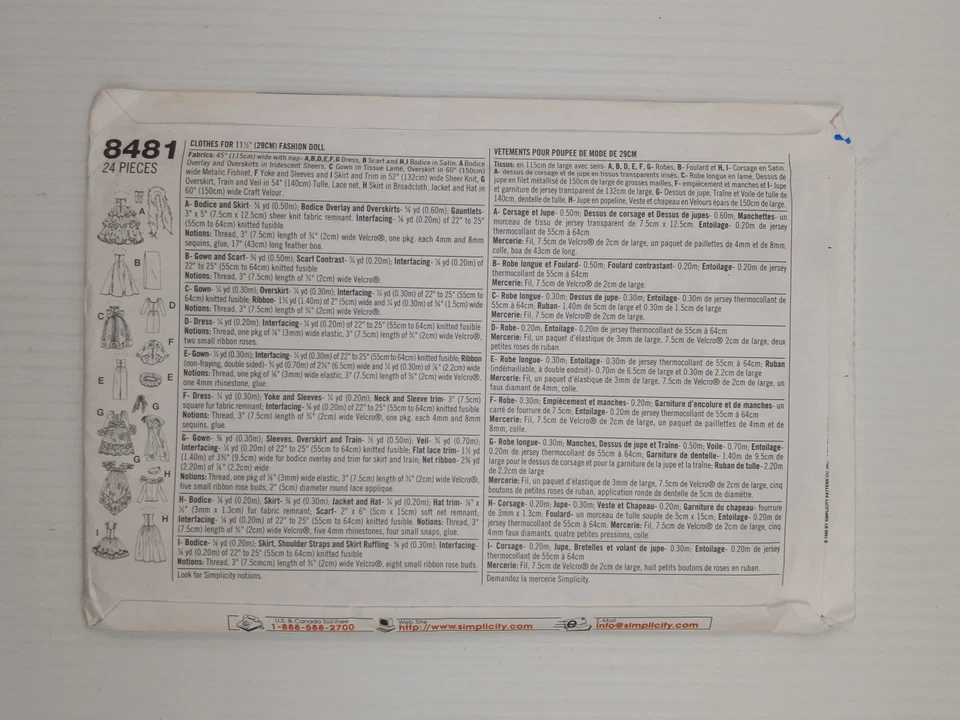 Simplicity Sewing Pattern 8481 Fashion Doll Clothes 9 styles Size 11.5" Uncut FF - image 2 of 2