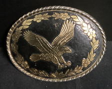 VINTAGE Silver Gold Black Attacking American Bald Eagle Belt Buckle w/ Flowers