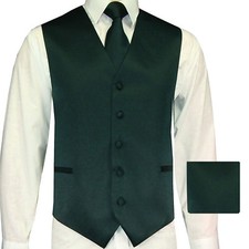 Dark Forest Green Solid Tuxedo Suit Dress Vest Waistcoat  Neck tie  Hanky Prom