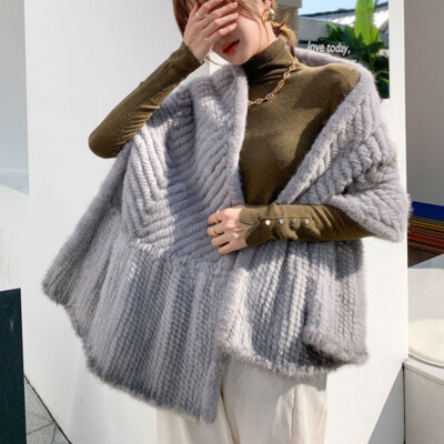 100% Real Mink Fur Knitted Shawl Wraps Real Fur Capes Lady Scarf NeckWear Muffle