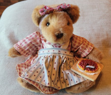 Vintage Russ Berrie Bear - 7" seated Plush Teddy Bear with Red Plaid Dress BX4