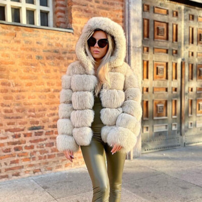 New Women Trendy Real Fox Fur Winter Coat Hood Overcoat Warm Natural Fur  Jackets