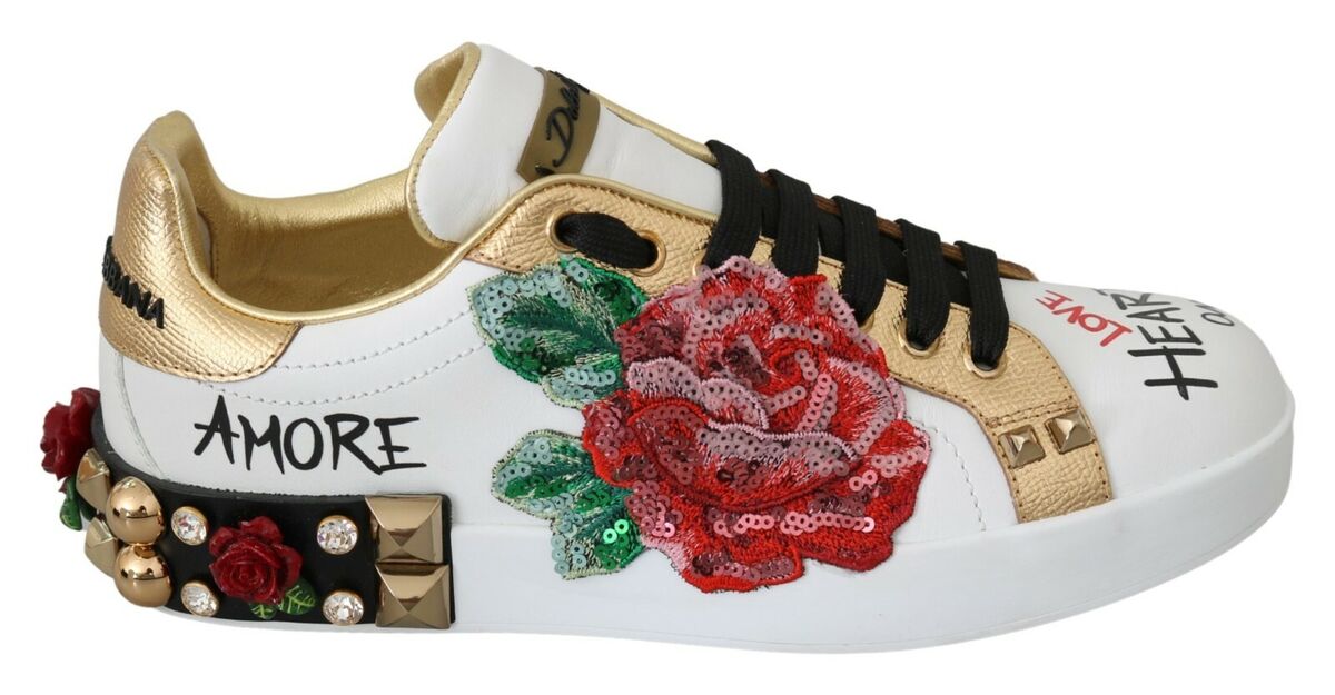 DOLCE & GABBANA White Roses Sequined Crystal Womens Sneakers DOLCE & GABBANA White Roses Sequined Crystal Womens Sneakers