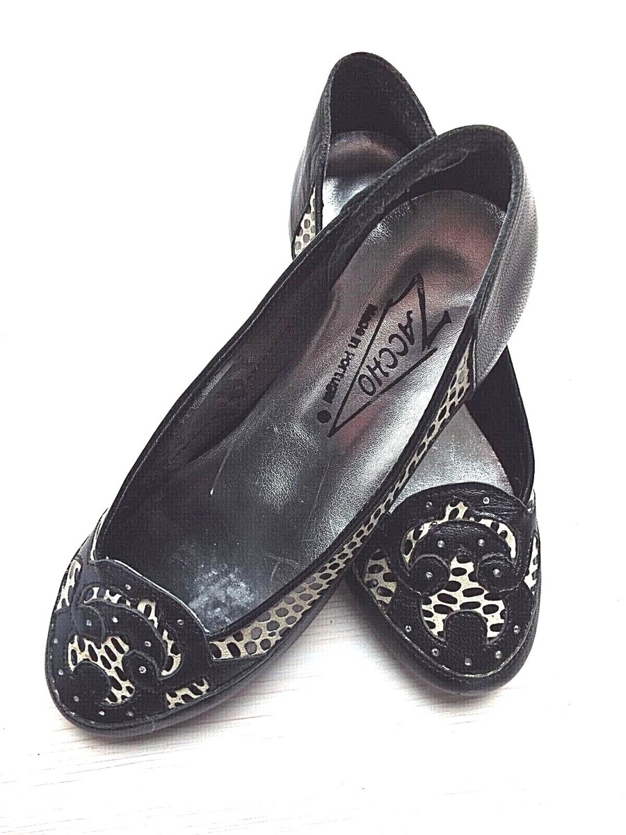 ZACCHO Flat Shoes Black Grey Leather Uppers with Diamante