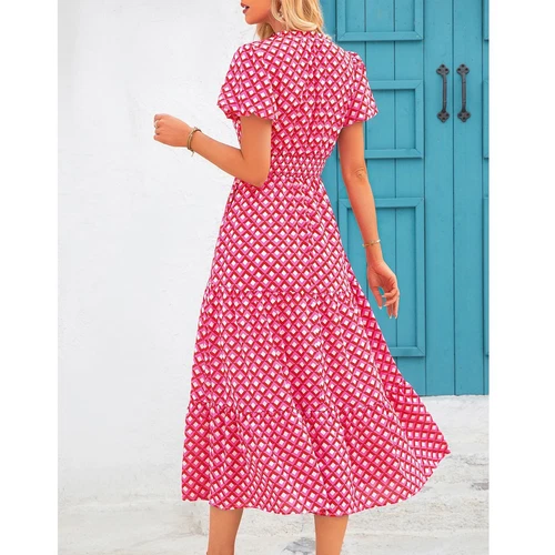 Womens Floral Boho Summer Midi Dress Ladies Short Sleeve V Neck Beach Sundress - Afbeelding 3 van 41