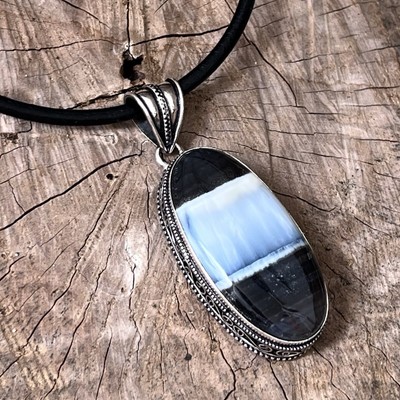 925 Sterling Silver Owyhee Blue Opal Gemstone Necklace Pendant Vintage Womens