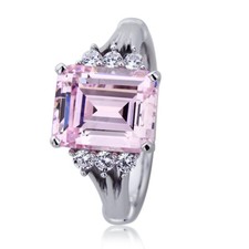 10.5mm Platinum Plated Silver 3.7ct Emerald Cut Pink CZ Wedding Engagement Ring