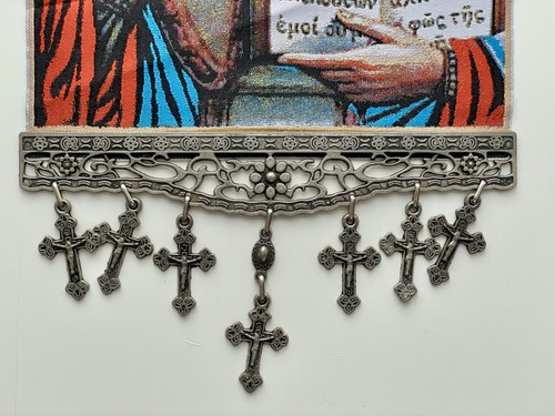 Colgante de Pared Icono Pantocrátor Jesucristo - Tapiz Bizantino con Cruz de Metal - Imagen 5 de 10