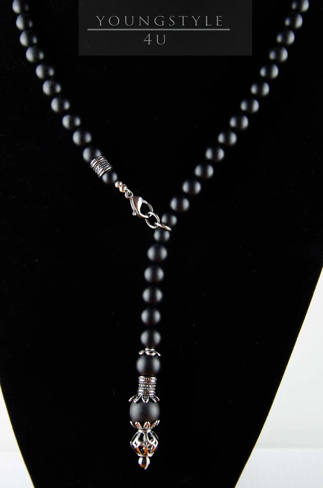 Herren Männer Halskette Ketten Perlenkette Onyx schwarz Rosenkranz Y-Kette lava - Bild 2 von 4