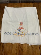 Vintage Hand Embroidered Mother Goose Flat Scalloped Edge Crib Sheet