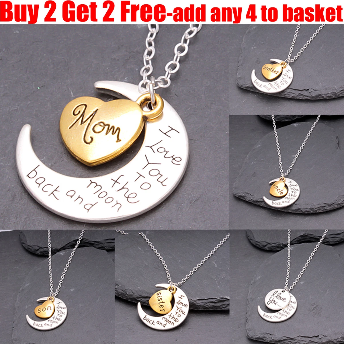 I Love You To The Moon Back Family Heart Silver Necklace Pendant