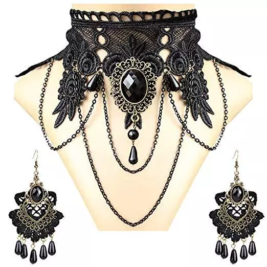 Black Crochet Lace Choker Necklace Gothic Jewelry Halloween Amulets  Earrings Set