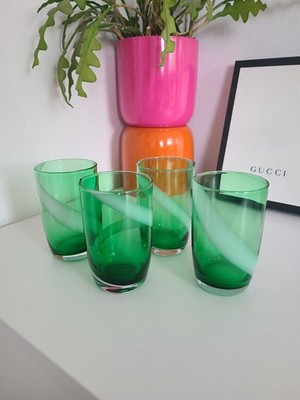 Smaragdgrün & Weiß Wirbel Mundgeblasene Glas Becher Vintage 70er Jahre MCM Set 4