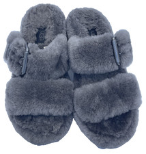 UGG Fuzz Yeah Sheepskin Double Strap Grey Slip On Slides Sandals Women  s 6