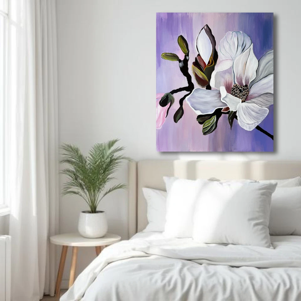 Magnolien Bild Handgemalt Acryl Gemälde 50x60 Leinwand Wandbild Modern Blumen - Bild 4 von 4