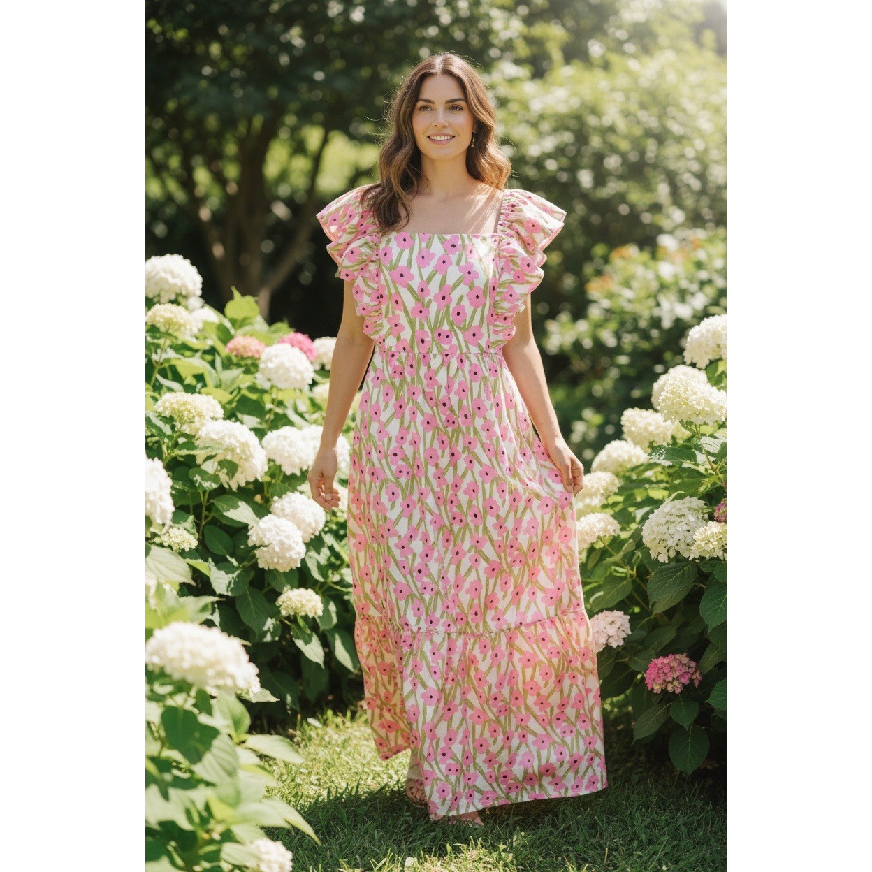Maxi Dress Floral Print Square Neck Flutter Sleeve Pink Green White Women's L-image