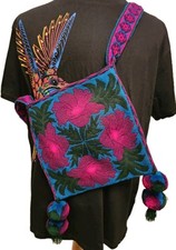 RARE Contemporary Huichol Textile Hand Embroidered Purple Flowers Teel Backround